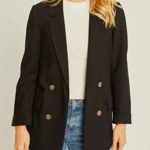 Love Tree black blazer with buttons and pocket flaps.